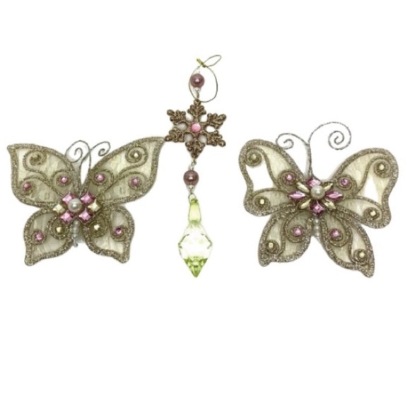 Glitter Butterfly & Snowflake Jewel Feminine Christmas Tree Ornaments Set Of 3 - Picture 1 of 9